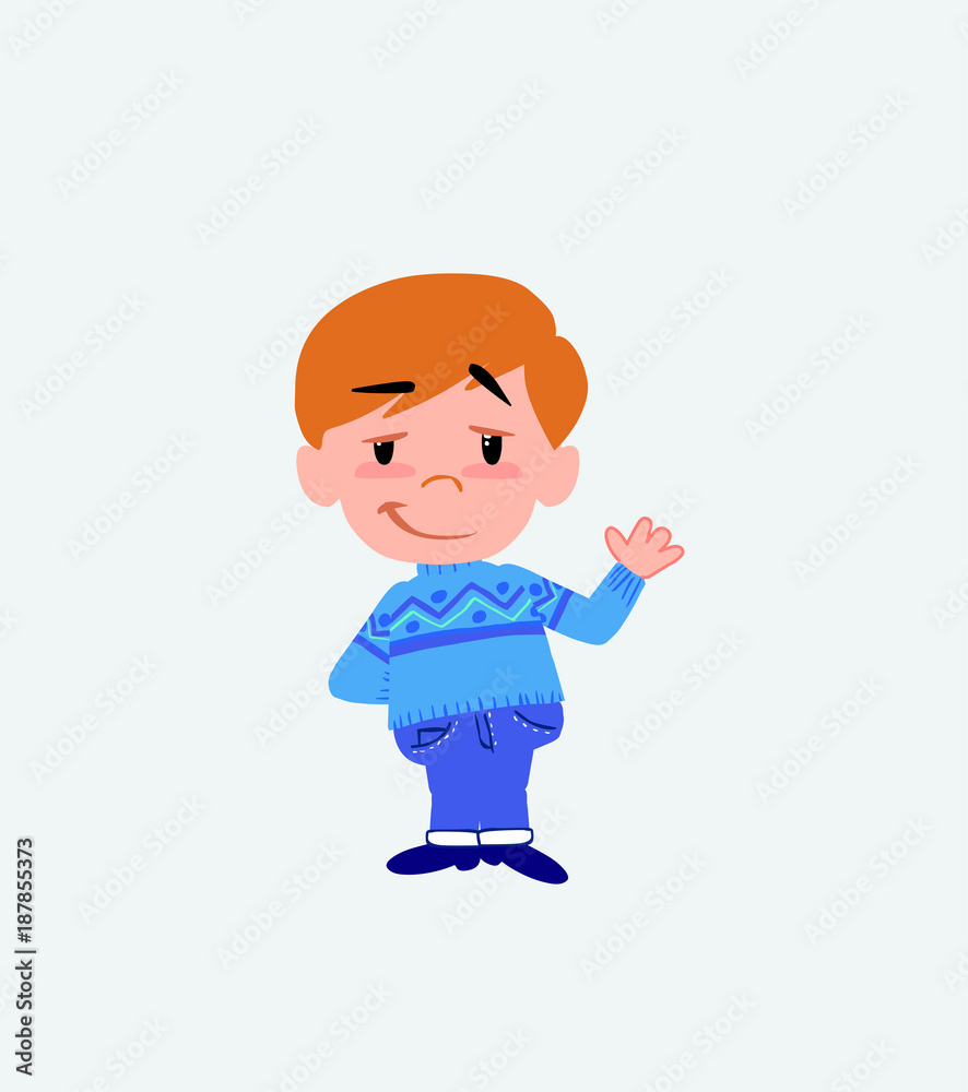 White boy in jeans waving with a dreamy expression. White boy in jeans waving with a dreamy expression.