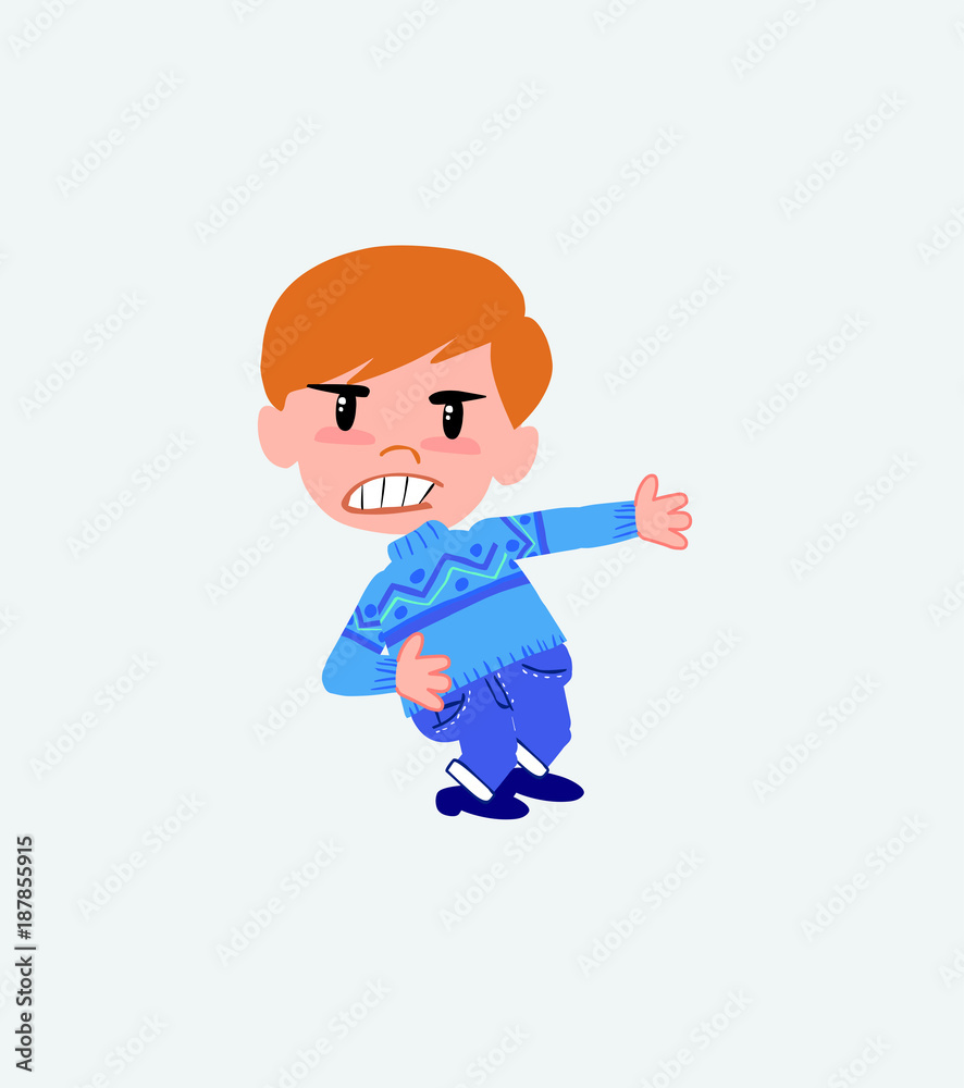 White boy in jeans shows very angry something to his left.