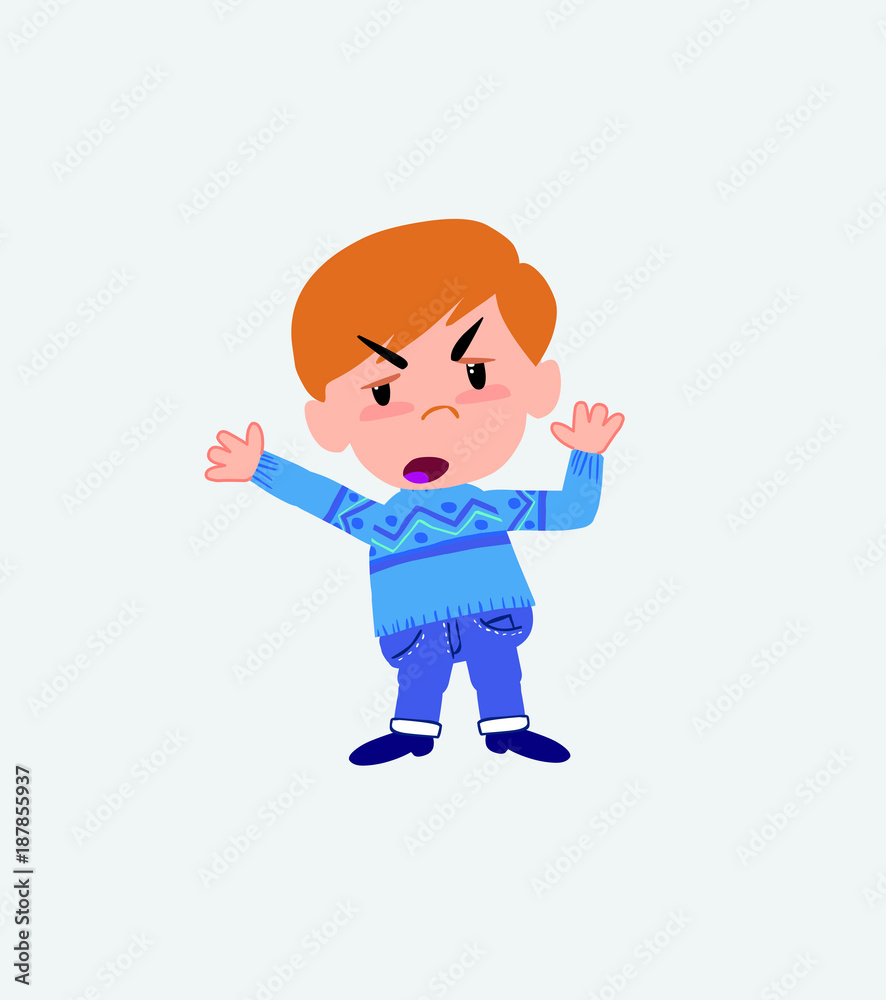 White boy in jeans argues something with a gesture of discontent. White boy in jeans argues something with a gesture of discontent.