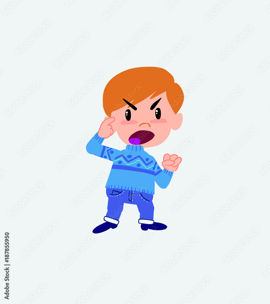 White boy in jeans screams angry in aggressive attitude.