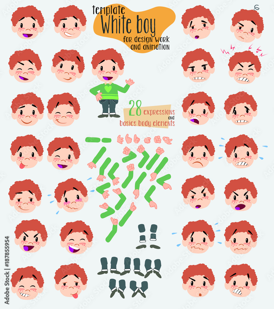 White boy in jeans. Twenty eight expressions and basics body elements, template for design work and animation. Vector illustration to Isolated and funny cartoon character.