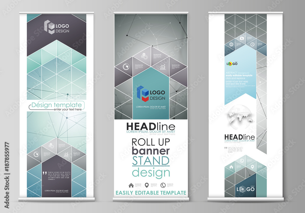 Roll up banner stands, flat design templates, geometric style, corporate vertical vector flyers, flag layouts. Geometric background. Molecular structure. Scientific, medical, technology concept.
