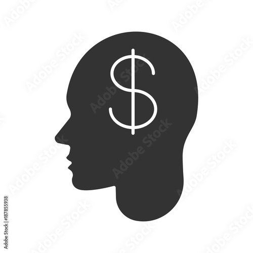 Human head with dollar sign inside glyph icon