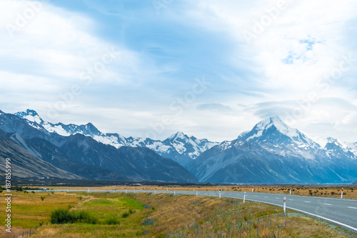 Beautiful scene of road on th way to to Mt cook. Christchurch, New Zealand