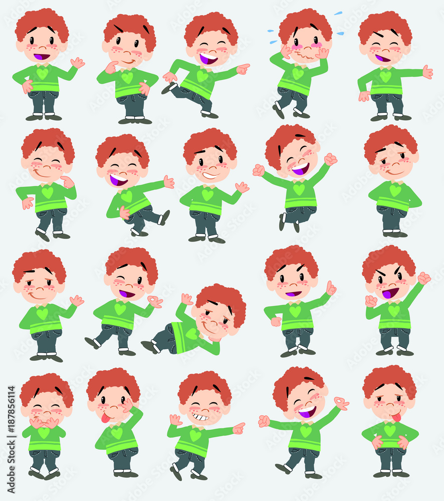 Cartoon character boy in jeans. Set with different postures, attitudes and poses, always in positive attitude, doing different activities in vector vector illustrations.