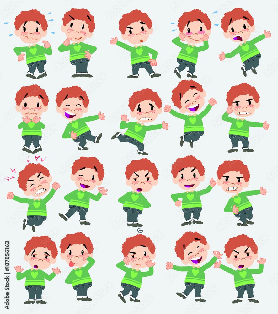 Cartoon character white boy in jeans. Set with different postures, attitudes and poses, doing different activities in isolated vector illustrations.