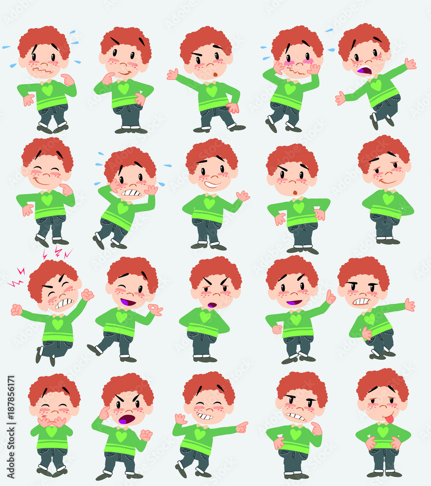 Cartoon character white boy in jeans. Set with different postures, attitudes and poses, doing different activities in isolated vector illustrations. Cartoon character white boy in jeans. Set with different postures, attitudes and poses, doing different activities in isolated vector illustrations.