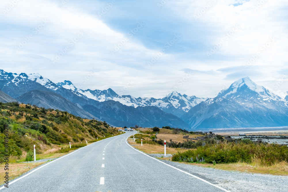 Beautiful scene of road on th way to to Mt cook. Christchurch, New Zealand