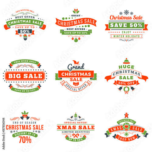 Set of Christmas sale vintage badges. Typographic vector design elements for promotional discount banner, holiday shopping