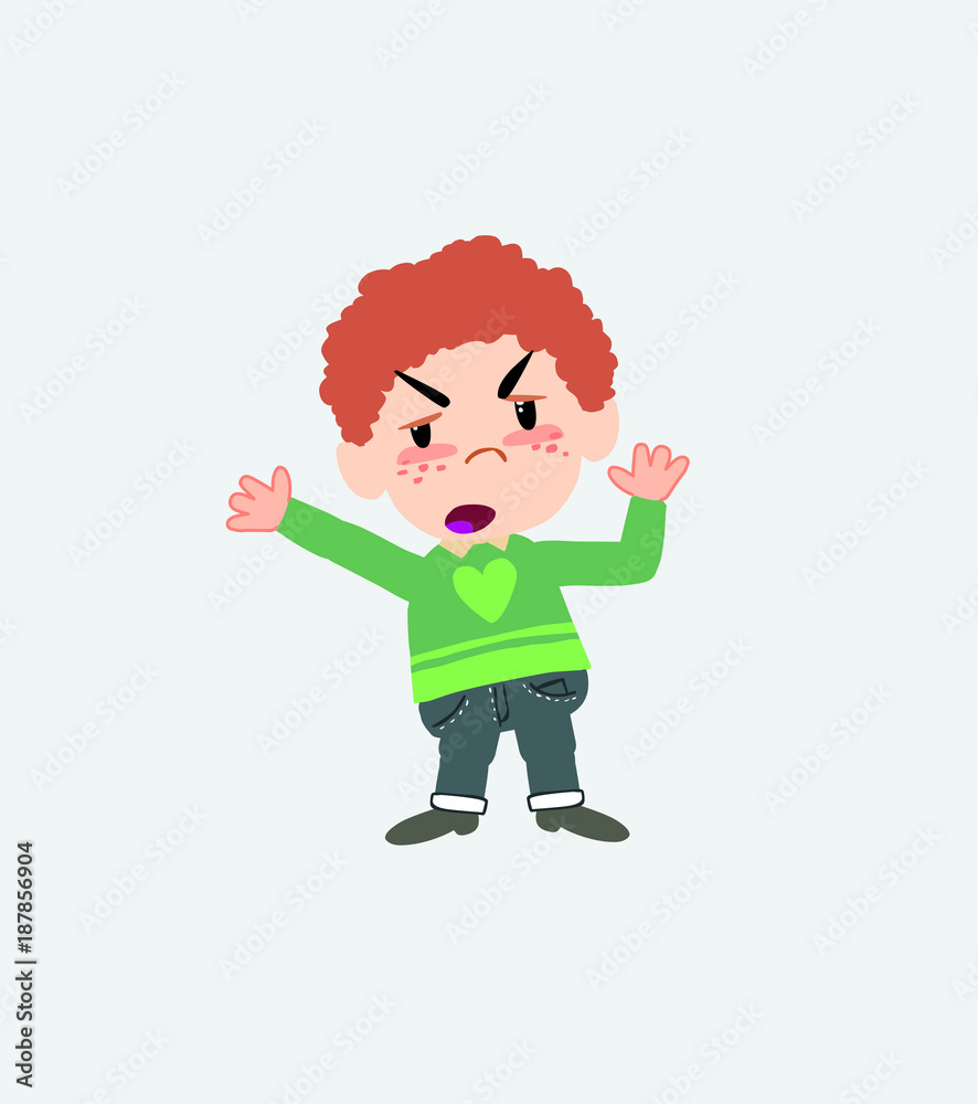 White boy in jeans argues something with a gesture of discontent. White boy in jeans argues something with a gesture of discontent.