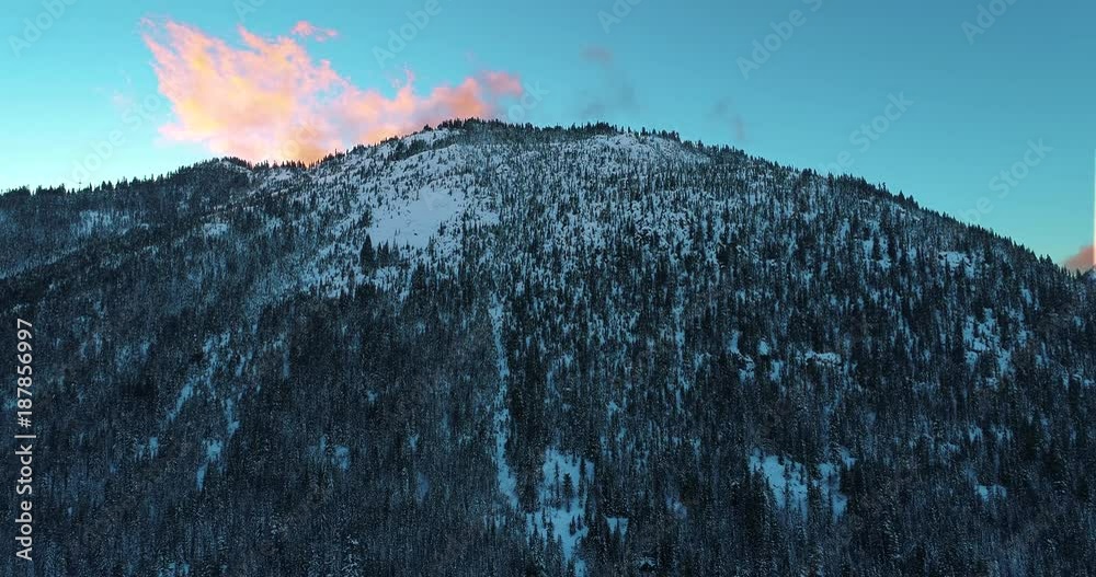 HDR Mountain Sunset View Glowing Red Pink Orange Clouds Above Blue Colored Cold Color Temparature Mountain Landscape