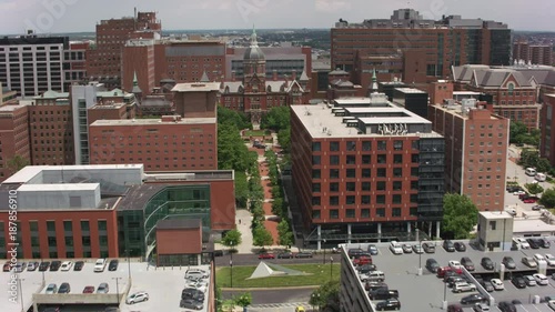 Baltimore, Maryland circa-2017, Aerial view of Johns Hopkins Hospital building.  Shot with Cineflex and RED Epic-W Helium.  photo