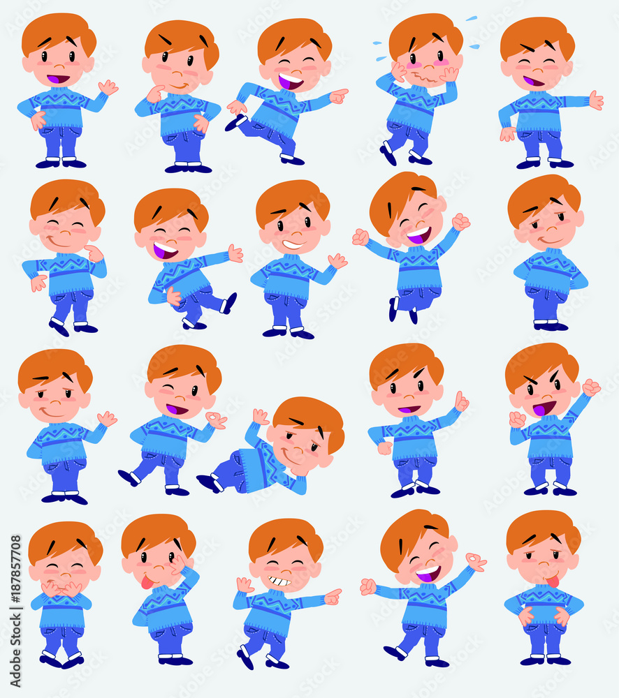 Cartoon character boy in jeans. Set with different postures, attitudes and poses, always in positive attitude, doing different activities in vector vector illustrations.