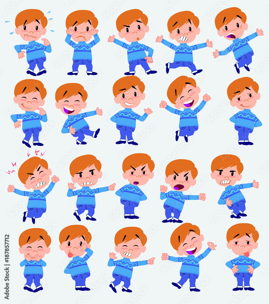 Cartoon character white boy in jeans. Set with different postures, attitudes and poses, doing different activities in isolated vector illustrations. Cartoon character white boy in jeans. Set with different postures, attitudes and poses, doing different activities in isolated vector illustrations.