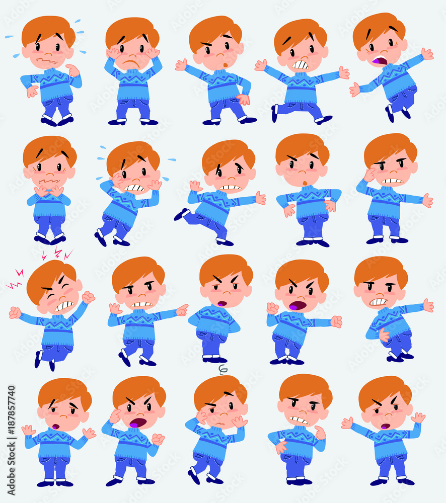 Cartoon character boy in jeans. Set with different postures, attitudes and poses, always in negative attitude, doing different activities in vector vector illustrations.