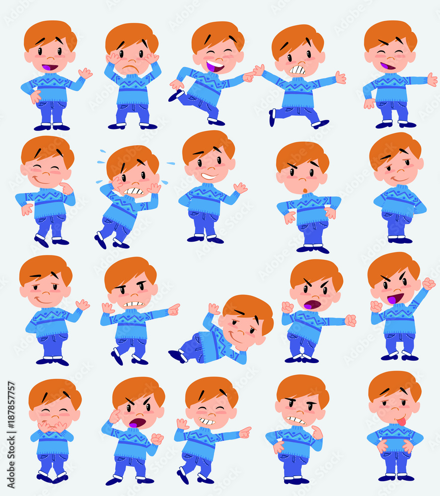 Cartoon character white boy in jeans. Set with different postures, attitudes and poses, doing different activities in isolated vector illustrations. Cartoon character white boy in jeans. Set with different postures, attitudes and poses, doing different activities in isolated vector illustrations.