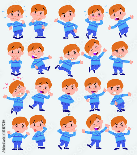 Cartoon character white boy in jeans. Set with different postures  attitudes and poses  doing different activities in isolated vector illustrations.