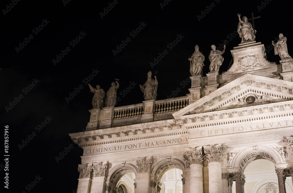 Detail of the Basilica of St. John  in Lateran (San GIovanni In Laterano) at Rome at night