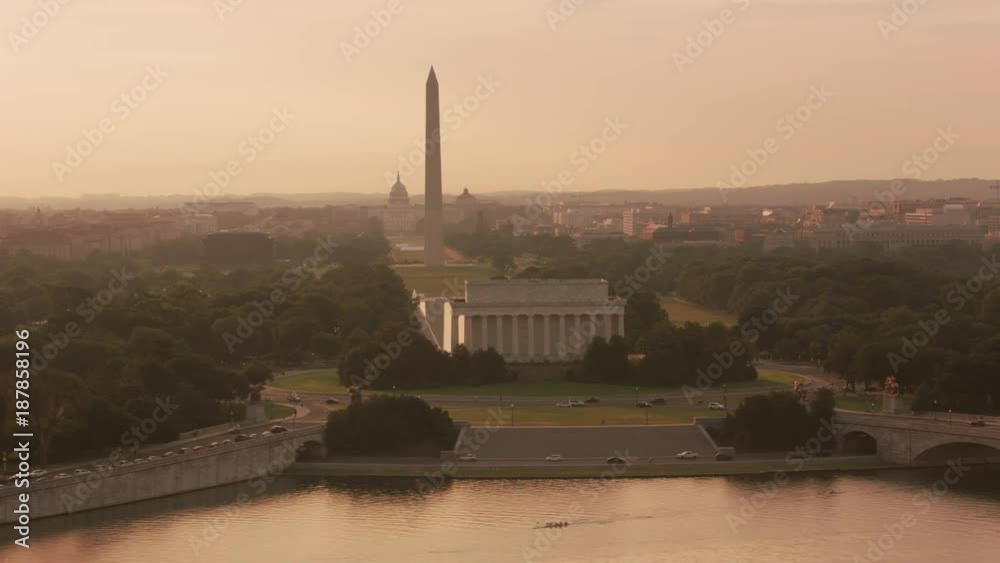 Washington, D.C. circa-2017, Aerial view of the Lincoln Memorial, Washington Monument and Capitol Building at sunrise.  Shot with Cineflex and RED Epic-W Helium. 