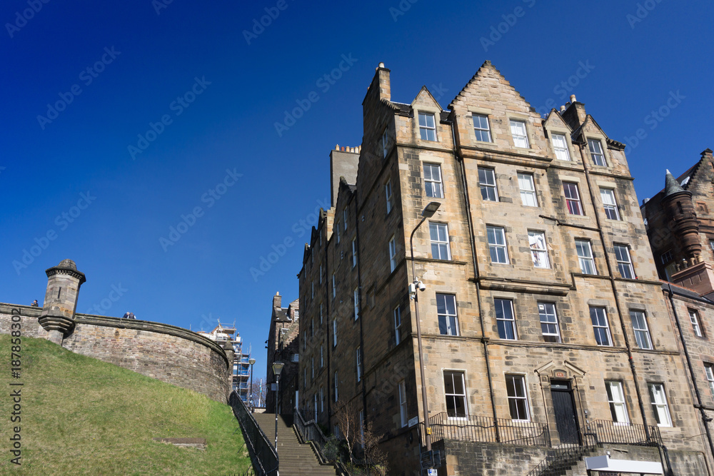 Street view of Historic Old Town Houses in Edinburgh, Scotland