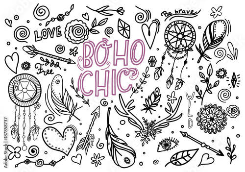 Big collection of hand drawn boho elements
