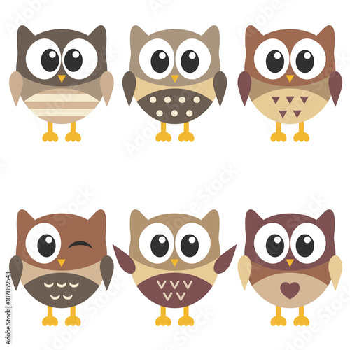 Wallpaper Mural set of cute brown owls isolated on white background Torontodigital.ca