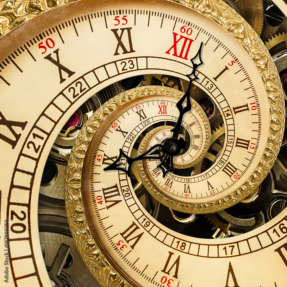Surreal antique old clock abstract fractal spiral. Watch clocks with mechanism unusual abstract texture fractal pattern background. Old fashion clock roman arabic numerals clock hands abstract spiral Surreal antique old clock abstract fractal spiral. Watch clocks with mechanism unusual abstract texture fractal pattern background. Old fashion clock roman arabic numerals clock hands abstract spiral