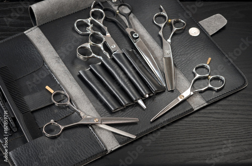 Set of scissors for cutting hair for professional hair stylist.
