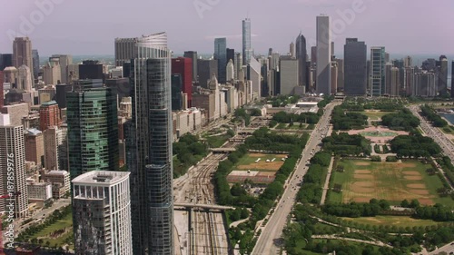 Chicago, Illinois circa-2017, Aerial shot of Grant Park, Buckingham Fountain and downtown Chicago.  Shot with Cineflex and RED Epic-W Helium.  photo
