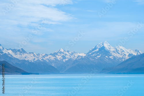 Beautiful scene of Mt Cookbeside the lake with blue sky and clouod in summer. New Zealand