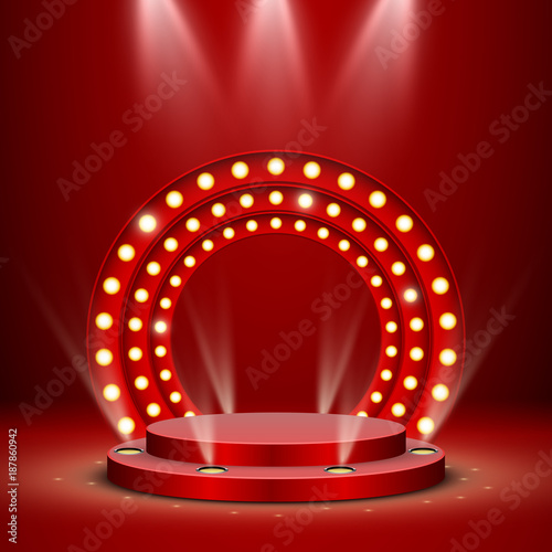 Abstract red round podium with backlight, retro vector background