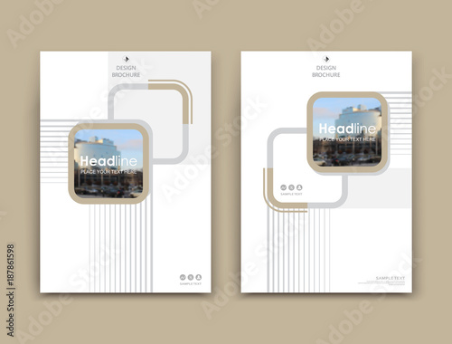 White business card style. A4 brochure cover design. Info board. Book, diary title sheet model set. Modern vector front page art. Urban city house texture. Grey figure text frame icon. Ad flyer font