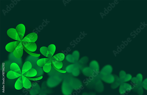Vector st Patrick's day template with close up clover leaves and blur bokeh on background 