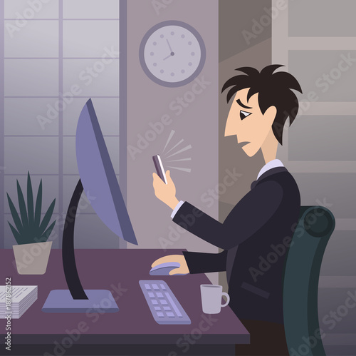 Vector tired sad office worker with ringing phone