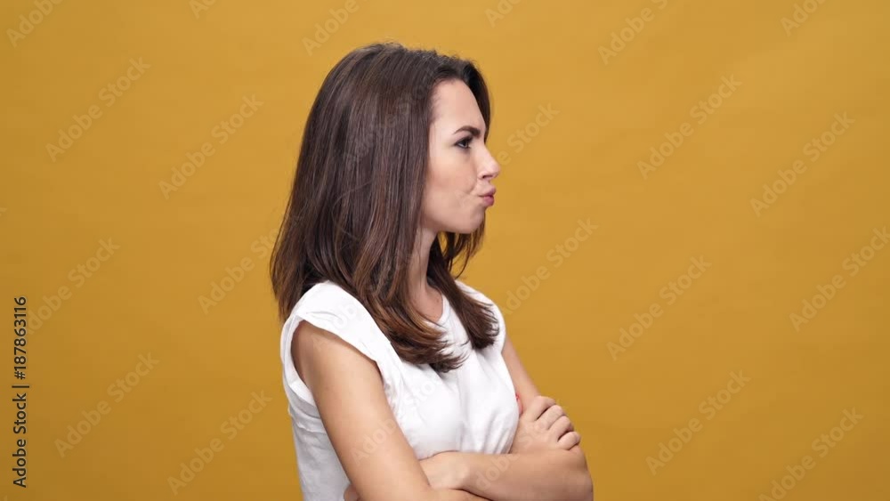 Young angry woman standing isolated over yellow background while looking camera says no.
Young angry woman standing isolated over yellow background while looking camera says no.