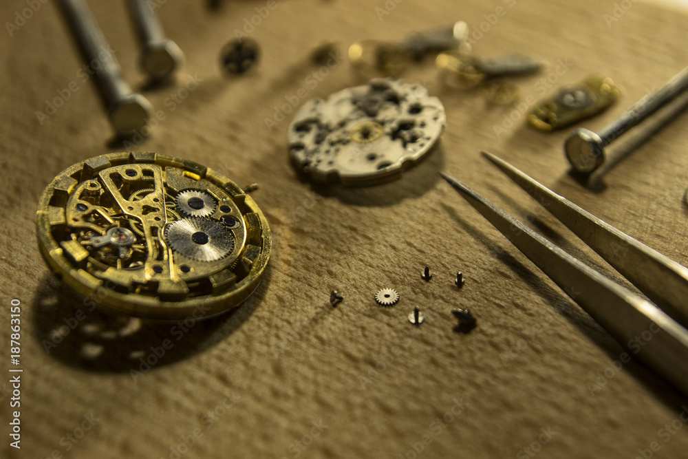 Process of repair of mechanical watches, watchmaker's workshop Process of repair of mechanical watches, watchmaker's workshop