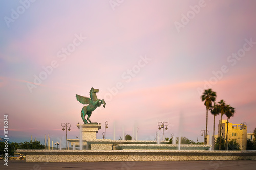 Big statue of Pegasus in the central square of Corinth in Greece.