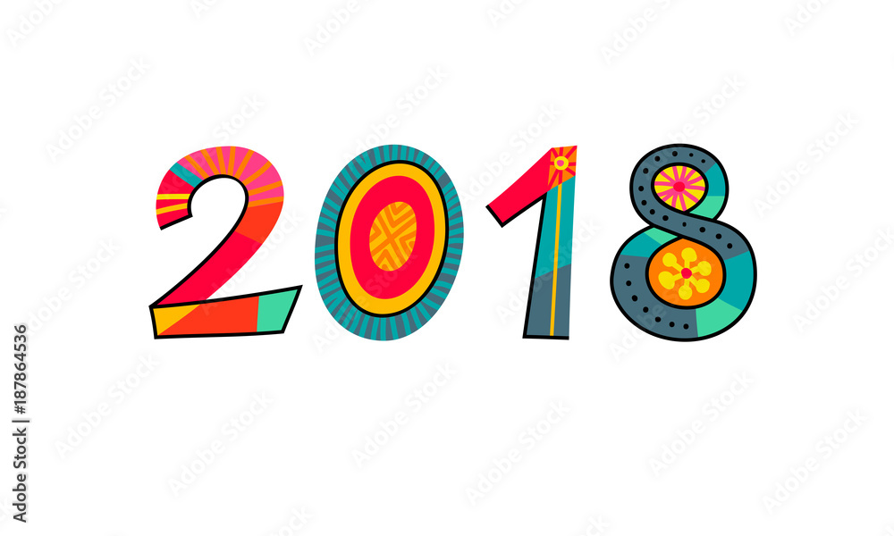 2018 New Year greeting card. Colorful and creativity design with abstract shapes on white background. Vector illustration. Text design element. EPS 10 2018 New Year greeting card. Colorful and creativity design with abstract shapes on white background. Vector illustration. Text design element. EPS 10