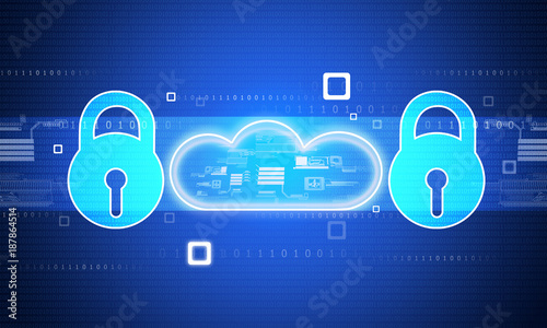 Pad lock with cloud on blue background. Cloud security concept. 2d illustration