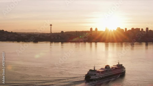 Seattle, Washington circa-2017, Ferry heading towards Seattle at sunrise.  Shot with Cineflex and RED Epic-W Helium. 