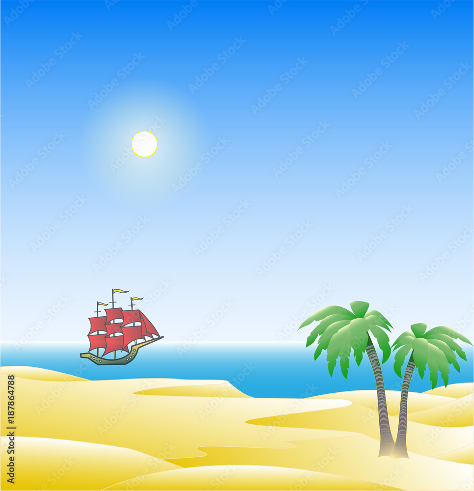 Vector illustration of a beach landscape with a view of the sea and a floating ship.