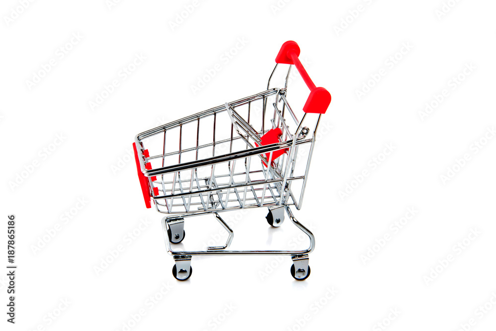 Empty red shopping cart isolated on white background.