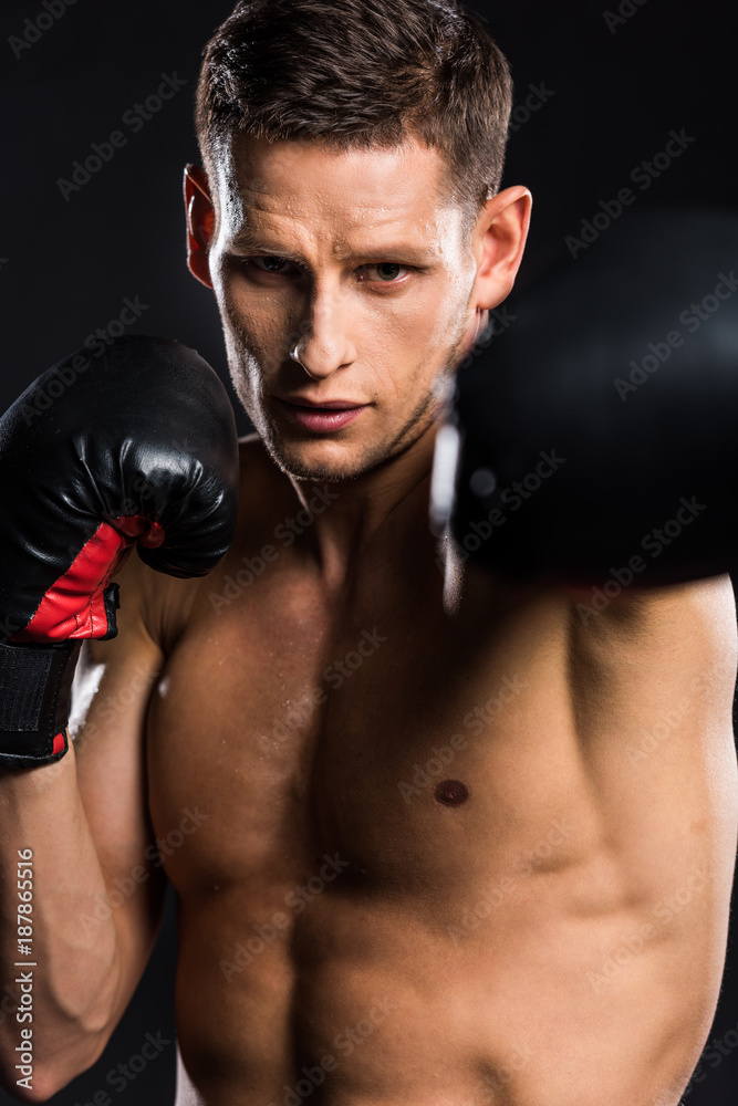close-up view of young shirtless sportsman in boxing gloves boxing isolated on black