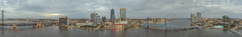 JACKSONVILLE, FL - FEBRUARY 2016: Panoramic aerial view ofcity skyline at sunset. Jacksonville is a famous destination in Florida