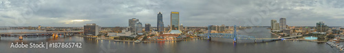 JACKSONVILLE  FL - FEBRUARY 2016  Panoramic aerial view ofcity skyline at sunset. Jacksonville is a famous destination in Florida