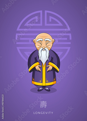 Cartoon hand drawn Asian wise old man in traditional clothes on background color of the year, ultra violet. Сoncept for Chinese New Year Illustration.