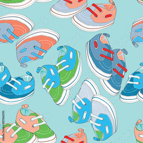 Colorful newborn shoes for boys. Seamless pattern. Vector illustration on light turquoise background