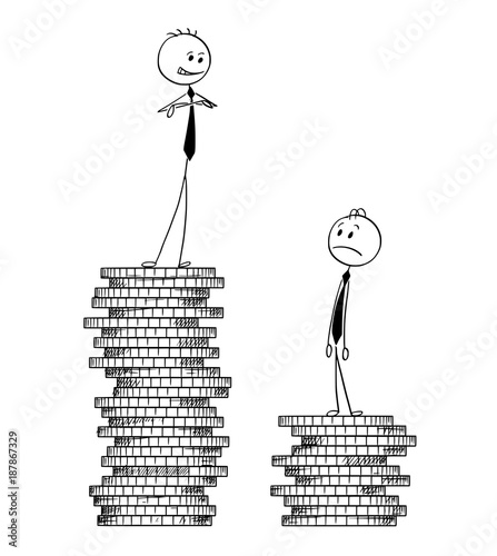 Conceptual Cartoon of Two Businessmen Standing on Coin Piles