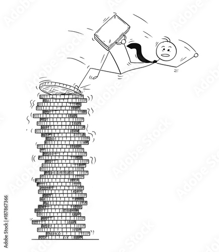 Conceptual Cartoon bankruptcy, Businessman Falling from Coin Pile