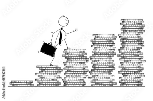 Conceptual Cartoon of Businessman Walk or Climb Coin Piles
